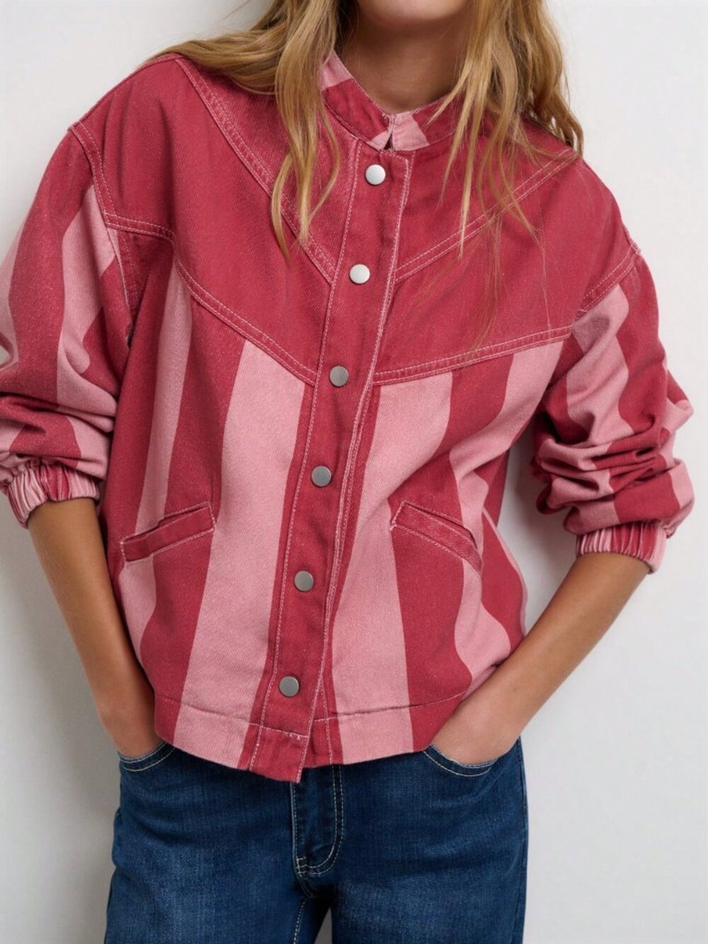 Red Casual Women's Striped Drop Shoulder Loose Stand Collar Shacket
